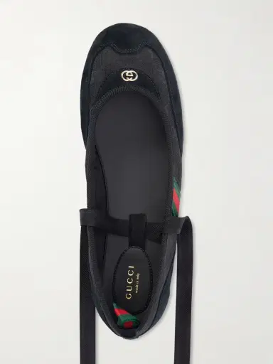 Gucci Embellished Webbing-trimmed Canvas And Suede Ballet Flats | Thumbnail 6 Gucci Embellished Webbing-trimmed Canvas And Suede Ballet Flats | Thumbnail 6