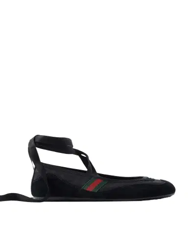 Gucci Embellished Webbing-trimmed Canvas And Suede Ballet Flats | Thumbnail 1 Gucci Embellished Webbing-trimmed Canvas And Suede Ballet Flats | Thumbnail 1