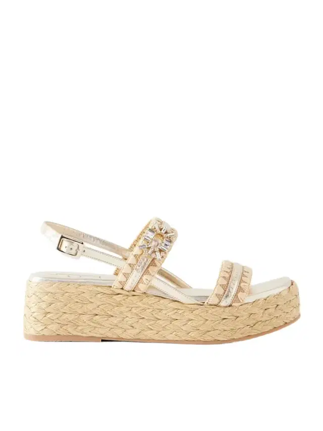Summer Embellished Metallic Leather-trimmed Woven Raffia Platform Sandals Summer Embellished Metallic Leather-trimmed Woven Raffia Platform Sandals
