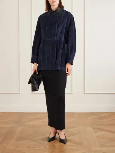 Nour Hammour Grange Gathered Leather-trimmed Suede Jacket - Navy | Thumbnail 2 Nour Hammour Grange Gathered Leather-trimmed Suede Jacket - Navy | Thumbnail 2