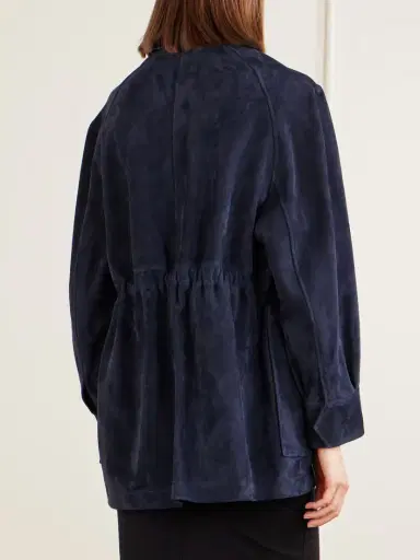 Nour Hammour Grange Gathered Leather-trimmed Suede Jacket - Navy | Thumbnail 3 Nour Hammour Grange Gathered Leather-trimmed Suede Jacket - Navy | Thumbnail 3