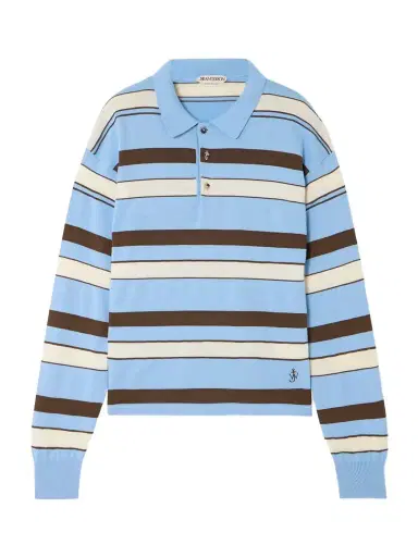 JW Anderson Embroidered Striped Cotton And Wool-blend Polo Shirt | Thumbnail 1 JW Anderson Embroidered Striped Cotton And Wool-blend Polo Shirt | Thumbnail 1