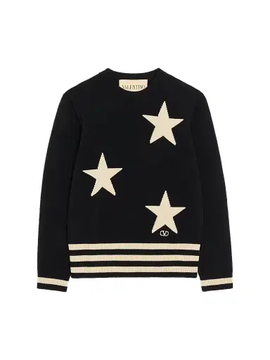 Valentino Garavani Men's Wool Crewneck Sweater with Star Motif - Black Butter | Thumbnail 1 Valentino Garavani Men's Wool Crewneck Sweater with Star Motif - Black Butter | Thumbnail 1