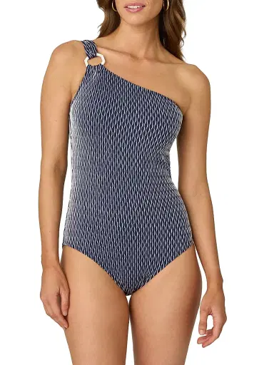 Shoshanna Women's Ring-Embellished One-Shoulder One-Piece Swimsuit - Navy White | Thumbnail 2 Shoshanna Women's Ring-Embellished One-Shoulder One-Piece Swimsuit - Navy White | Thumbnail 2