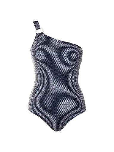 Shoshanna Women's Ring-Embellished One-Shoulder One-Piece Swimsuit - Navy White | Thumbnail 1 Shoshanna Women's Ring-Embellished One-Shoulder One-Piece Swimsuit - Navy White | Thumbnail 1
