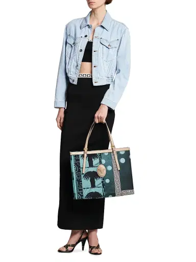 Versace Women's Large Palm-Print Medusa Logo Tote Bag - Light Teal Dove Grey Gold | Thumbnail 2 Versace Women's Large Palm-Print Medusa Logo Tote Bag - Light Teal Dove Grey Gold | Thumbnail 2
