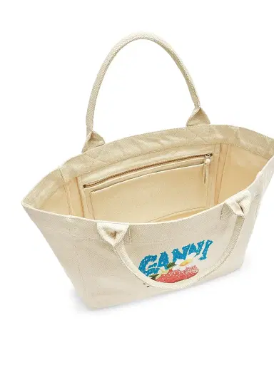 Ganni Women's Medium Embroidered-Logo Graphic Cotton Canvas Shopper Tote Bag - Yellow | Thumbnail 3 Ganni Women's Medium Embroidered-Logo Graphic Cotton Canvas Shopper Tote Bag - Yellow | Thumbnail 3