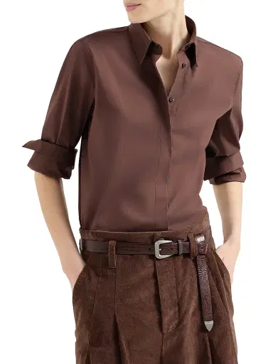 Brunello Cucinelli Women's Stretch Cotton Poplin Shirt with Shiny Collar - Grape | Thumbnail 2 Brunello Cucinelli Women's Stretch Cotton Poplin Shirt with Shiny Collar - Grape | Thumbnail 2