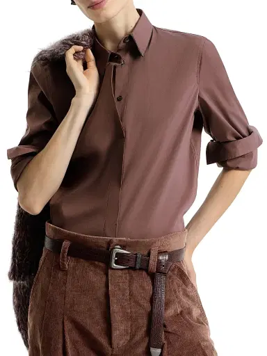 Brunello Cucinelli Women's Stretch Cotton Poplin Shirt with Shiny Collar - Grape | Thumbnail 3 Brunello Cucinelli Women's Stretch Cotton Poplin Shirt with Shiny Collar - Grape | Thumbnail 3
