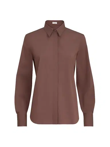 Brunello Cucinelli Women's Stretch Cotton Poplin Shirt with Shiny Collar - Grape | Thumbnail 1 Brunello Cucinelli Women's Stretch Cotton Poplin Shirt with Shiny Collar - Grape | Thumbnail 1