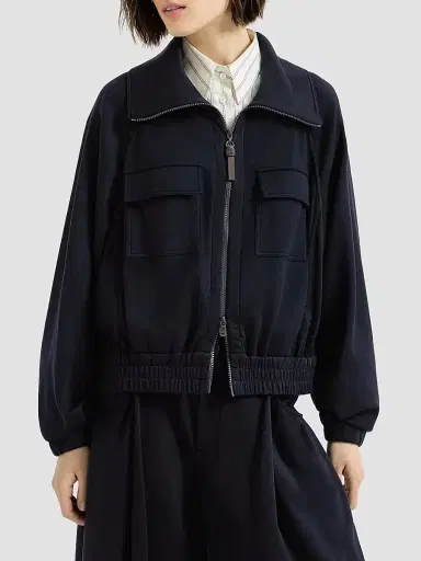 Brunello Cucinelli Women's Cotton and Silk Interlock Cardigan with Shiny Zipper Pull - Night | Thumbnail 2 Brunello Cucinelli Women's Cotton and Silk Interlock Cardigan with Shiny Zipper Pull - Night | Thumbnail 2