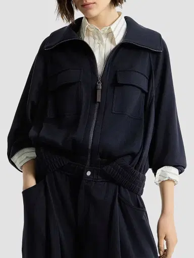 Brunello Cucinelli Women's Cotton and Silk Interlock Cardigan with Shiny Zipper Pull - Night | Thumbnail 4 Brunello Cucinelli Women's Cotton and Silk Interlock Cardigan with Shiny Zipper Pull - Night | Thumbnail 4