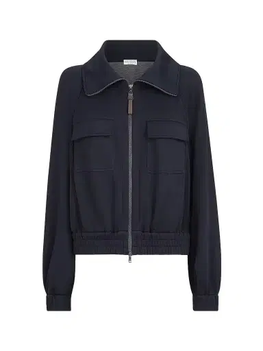 Brunello Cucinelli Women's Cotton and Silk Interlock Cardigan with Shiny Zipper Pull - Night | Thumbnail 1 Brunello Cucinelli Women's Cotton and Silk Interlock Cardigan with Shiny Zipper Pull - Night | Thumbnail 1