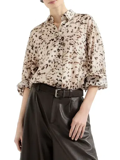 Brunello Cucinelli Women's Lynx Print Silk Pongee Shirt with Monili | Thumbnail 2 Brunello Cucinelli Women's Lynx Print Silk Pongee Shirt with Monili | Thumbnail 2