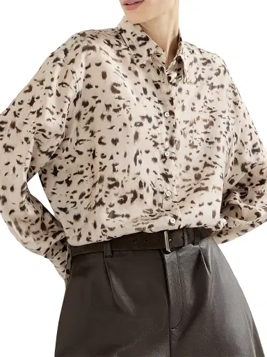 Brunello Cucinelli Women's Lynx Print Silk Pongee Shirt with Monili | Thumbnail 5 Brunello Cucinelli Women's Lynx Print Silk Pongee Shirt with Monili | Thumbnail 5
