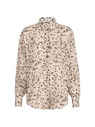 Brunello Cucinelli Women's Lynx Print Silk Pongee Shirt with Monili | Thumbnail 1 Brunello Cucinelli Women's Lynx Print Silk Pongee Shirt with Monili | Thumbnail 1