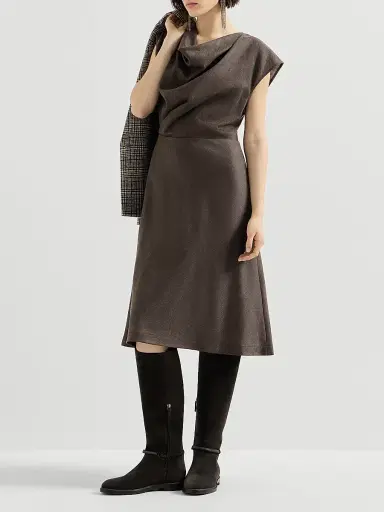 Brunello Cucinelli Women's Virgin Wool Diagonal Flannel Wrap Effect Dress with Monili | Thumbnail 6 Brunello Cucinelli Women's Virgin Wool Diagonal Flannel Wrap Effect Dress with Monili | Thumbnail 6