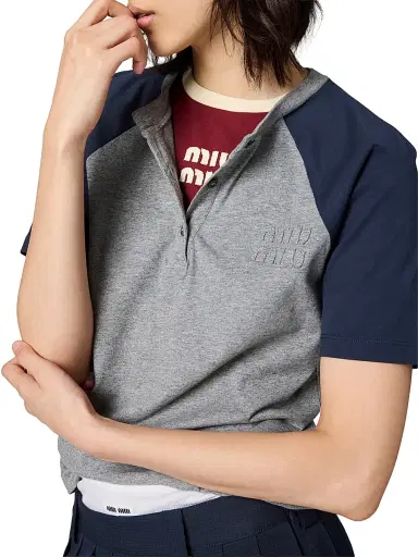 Miu Miu Women's Cotton Jersey Henley Shirt - Grey Multi - Size XS | Thumbnail 3 Miu Miu Women's Cotton Jersey Henley Shirt - Grey Multi - Size XS | Thumbnail 3