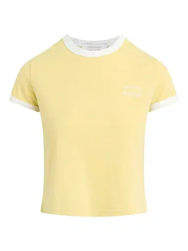 Favorite Daughter Women's Chest Logo Cropped Ringer T-Shirt - Golden Off White | Thumbnail 1 Favorite Daughter Women's Chest Logo Cropped Ringer T-Shirt - Golden Off White | Thumbnail 1