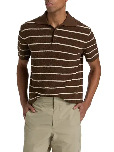 SIMKHAI Men's Calum Striped Polo Shirt - Chocolate Stripe | Thumbnail 3 SIMKHAI Men's Calum Striped Polo Shirt - Chocolate Stripe | Thumbnail 3