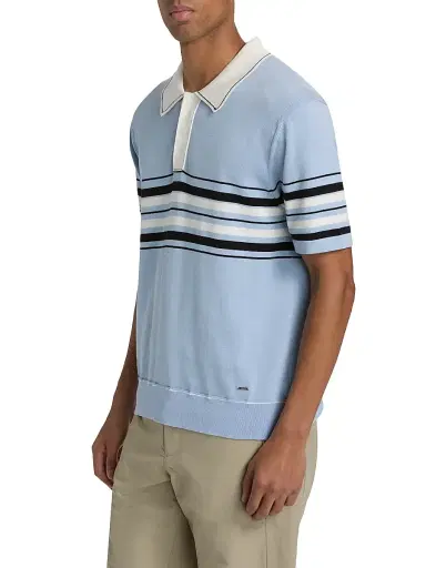 SIMKHAI Men's Brandon Striped Cotton Polo Shirt - Periwinkle Sky Multi | Thumbnail 4 SIMKHAI Men's Brandon Striped Cotton Polo Shirt - Periwinkle Sky Multi | Thumbnail 4