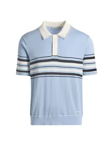 SIMKHAI Men's Brandon Striped Cotton Polo Shirt - Periwinkle Sky Multi | Thumbnail 1 SIMKHAI Men's Brandon Striped Cotton Polo Shirt - Periwinkle Sky Multi | Thumbnail 1