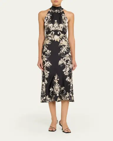 Saloni Michelle Floral Satin Draped Halter Midi Dress | Thumbnail 2 Saloni Michelle Floral Satin Draped Halter Midi Dress | Thumbnail 2