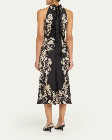 Saloni Michelle Floral Satin Draped Halter Midi Dress | Thumbnail 3 Saloni Michelle Floral Satin Draped Halter Midi Dress | Thumbnail 3