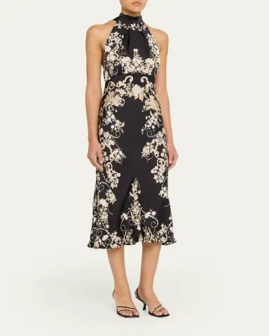 Saloni Michelle Floral Satin Draped Halter Midi Dress | Thumbnail 4 Saloni Michelle Floral Satin Draped Halter Midi Dress | Thumbnail 4
