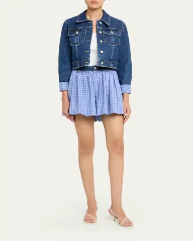 Cinq à Sept Lexie Gingham-Cuff Cropped Denim Jacket | Thumbnail 2 Cinq à Sept Lexie Gingham-Cuff Cropped Denim Jacket | Thumbnail 2