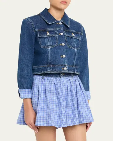 Cinq à Sept Lexie Gingham-Cuff Cropped Denim Jacket | Thumbnail 4 Cinq à Sept Lexie Gingham-Cuff Cropped Denim Jacket | Thumbnail 4