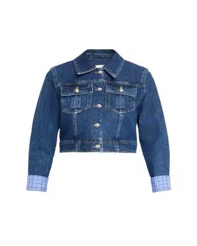 Cinq à Sept Lexie Gingham-Cuff Cropped Denim Jacket | Thumbnail 1 Cinq à Sept Lexie Gingham-Cuff Cropped Denim Jacket | Thumbnail 1