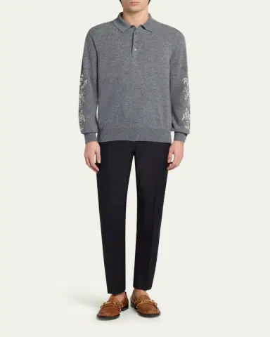 Alexander McQueen Men's Wool Floral-Embroidered Polo Sweater | Thumbnail 2 Alexander McQueen Men's Wool Floral-Embroidered Polo Sweater | Thumbnail 2
