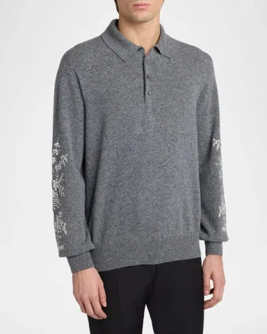 Alexander McQueen Men's Wool Floral-Embroidered Polo Sweater | Thumbnail 3 Alexander McQueen Men's Wool Floral-Embroidered Polo Sweater | Thumbnail 3