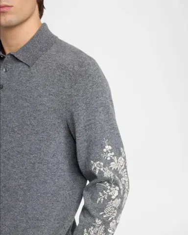 Alexander McQueen Men's Wool Floral-Embroidered Polo Sweater | Thumbnail 4 Alexander McQueen Men's Wool Floral-Embroidered Polo Sweater | Thumbnail 4