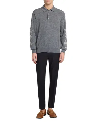 Alexander McQueen Men's Wool Floral-Embroidered Polo Sweater | Thumbnail 1 Alexander McQueen Men's Wool Floral-Embroidered Polo Sweater | Thumbnail 1