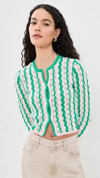 MOTHER The Crew Neck Cardigan Poi Green Pink Combo | Thumbnail 2 MOTHER The Crew Neck Cardigan Poi Green Pink Combo | Thumbnail 2