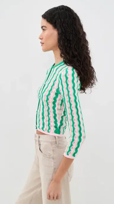 MOTHER The Crew Neck Cardigan Poi Green Pink Combo | Thumbnail 4 MOTHER The Crew Neck Cardigan Poi Green Pink Combo | Thumbnail 4