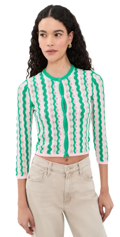 MOTHER The Crew Neck Cardigan Poi Green Pink Combo | Thumbnail 1 MOTHER The Crew Neck Cardigan Poi Green Pink Combo | Thumbnail 1