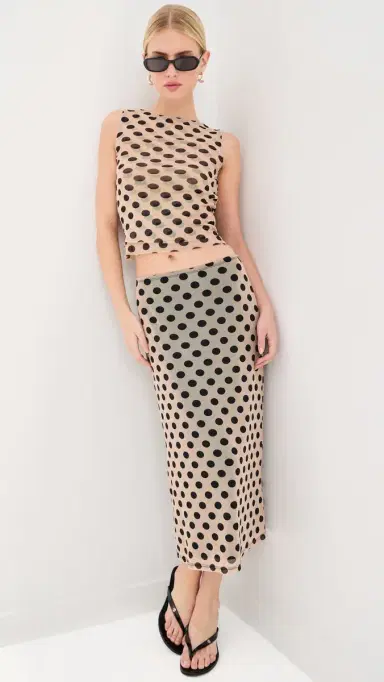 LE BOP Emma Midi Skirt Tan/Black Polka Dot | Thumbnail 2 LE BOP Emma Midi Skirt Tan/Black Polka Dot | Thumbnail 2