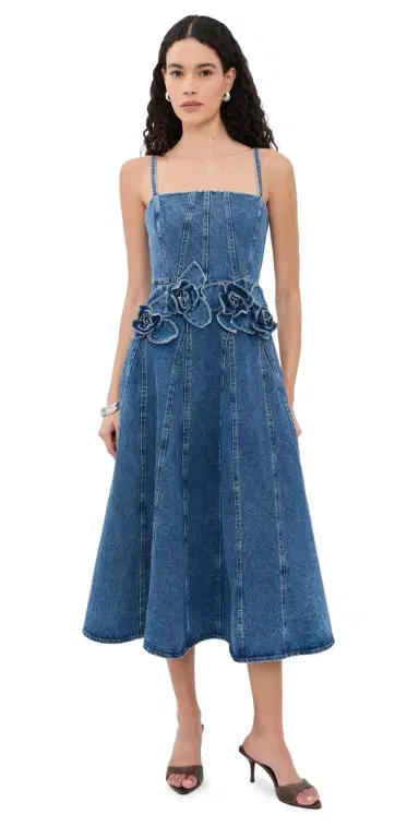 AKNVAS Eryn Denim Midi Dress with 3D Roses Blue Denim | Thumbnail 1 AKNVAS Eryn Denim Midi Dress with 3D Roses Blue Denim | Thumbnail 1