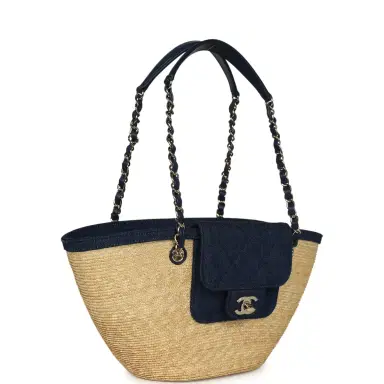 Chanel Chanel Small Coco Beach Shopping Tote Bag Bag Beige Raffia and Dark Blue Denim Light Gold Hardware | Thumbnail 2 Chanel Chanel Small Coco Beach Shopping Tote Bag Bag Beige Raffia and Dark Blue Denim Light Gold Hardware | Thumbnail 2