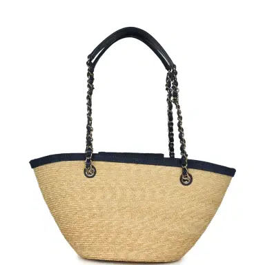 Chanel Chanel Small Coco Beach Shopping Tote Bag Bag Beige Raffia and Dark Blue Denim Light Gold Hardware | Thumbnail 4 Chanel Chanel Small Coco Beach Shopping Tote Bag Bag Beige Raffia and Dark Blue Denim Light Gold Hardware | Thumbnail 4
