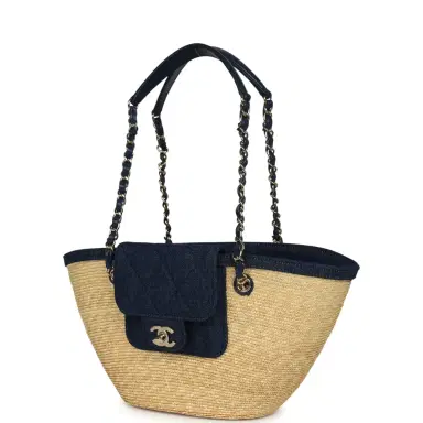 Chanel Chanel Small Coco Beach Shopping Tote Bag Bag Beige Raffia and Dark Blue Denim Light Gold Hardware | Thumbnail 5 Chanel Chanel Small Coco Beach Shopping Tote Bag Bag Beige Raffia and Dark Blue Denim Light Gold Hardware | Thumbnail 5