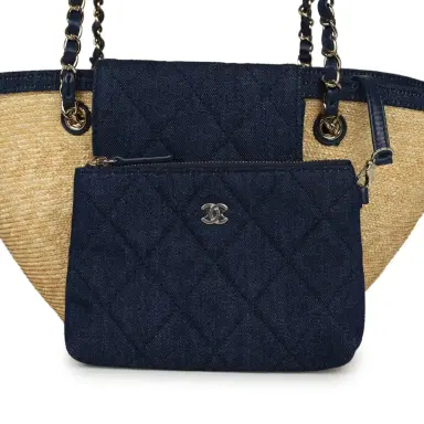 Chanel Chanel Small Coco Beach Shopping Tote Bag Bag Beige Raffia and Dark Blue Denim Light Gold Hardware | Thumbnail 6 Chanel Chanel Small Coco Beach Shopping Tote Bag Bag Beige Raffia and Dark Blue Denim Light Gold Hardware | Thumbnail 6