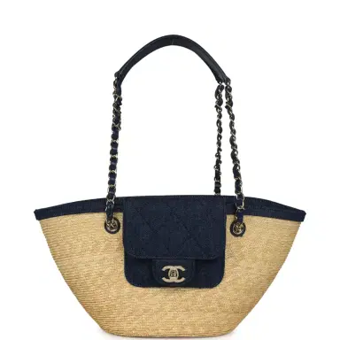 Chanel Chanel Small Coco Beach Shopping Tote Bag Bag Beige Raffia and Dark Blue Denim Light Gold Hardware | Thumbnail 1 Chanel Chanel Small Coco Beach Shopping Tote Bag Bag Beige Raffia and Dark Blue Denim Light Gold Hardware | Thumbnail 1