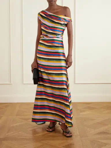 Staud Phare One-shoulder Draped Striped Silk-blend Satin Maxi Dress | Thumbnail 2 Staud Phare One-shoulder Draped Striped Silk-blend Satin Maxi Dress | Thumbnail 2
