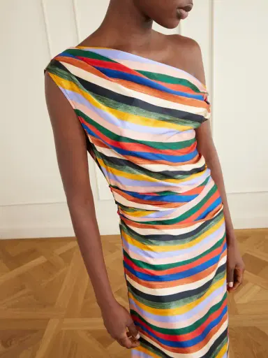 Staud Phare One-shoulder Draped Striped Silk-blend Satin Maxi Dress | Thumbnail 4 Staud Phare One-shoulder Draped Striped Silk-blend Satin Maxi Dress | Thumbnail 4