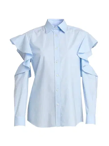 MOSCHINO Women's Ruffle Cold Shoulder Button-Front Blouse - Multi Light Blue | Thumbnail 1 MOSCHINO Women's Ruffle Cold Shoulder Button-Front Blouse - Multi Light Blue | Thumbnail 1