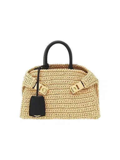 Ferragamo Women's Hug Mini Crochet Raffia Top Handle Bag - Cremino | Thumbnail 1 Ferragamo Women's Hug Mini Crochet Raffia Top Handle Bag - Cremino | Thumbnail 1